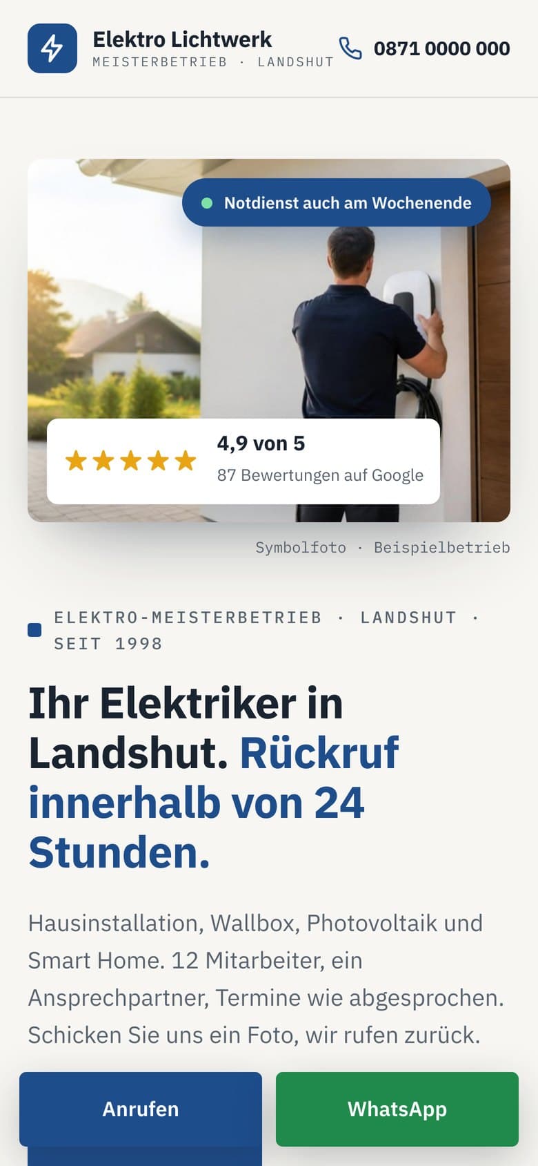 Muster-Website auf dem Handy mit Anruf- und WhatsApp-Leiste
