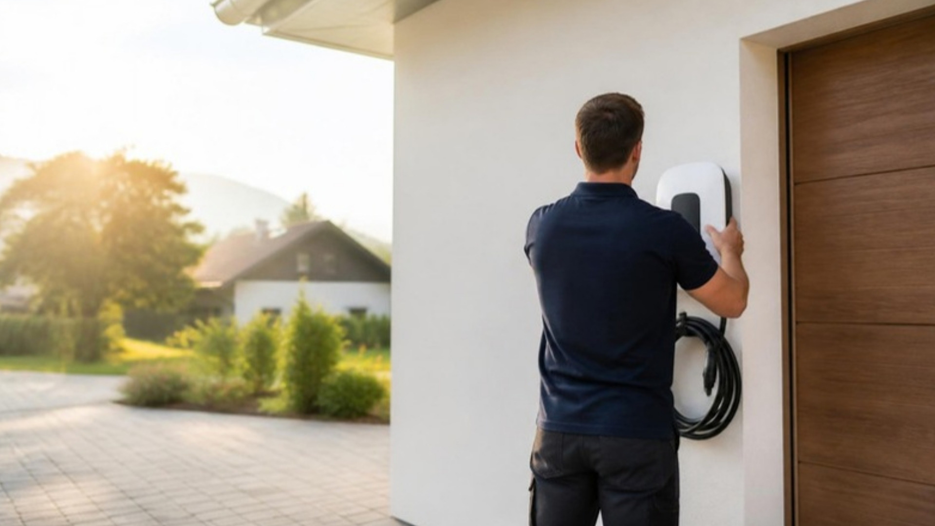 Elektriker montiert eine Wallbox an der Hauswand eines Einfamilienhauses