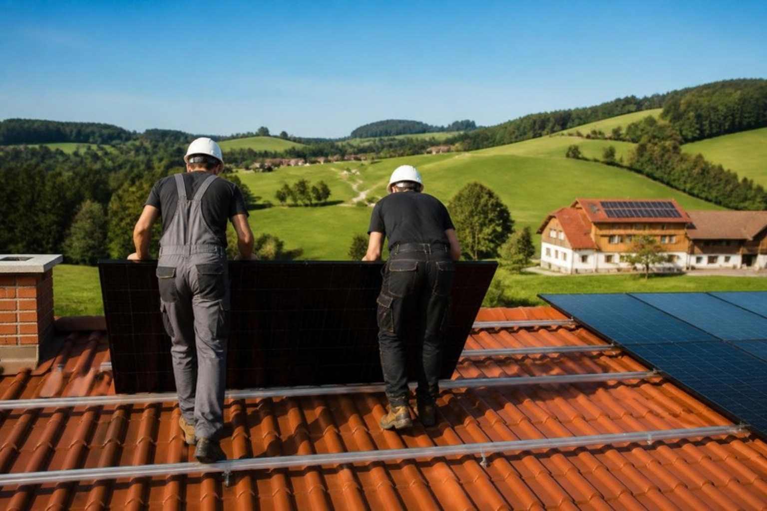 Zwei Monteure montieren Photovoltaik-Module auf einem Ziegeldach