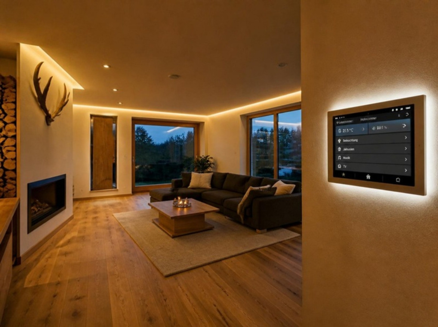 Modernes Wohnzimmer mit indirekter Beleuchtung und Smart-Home-Bedienfeld
