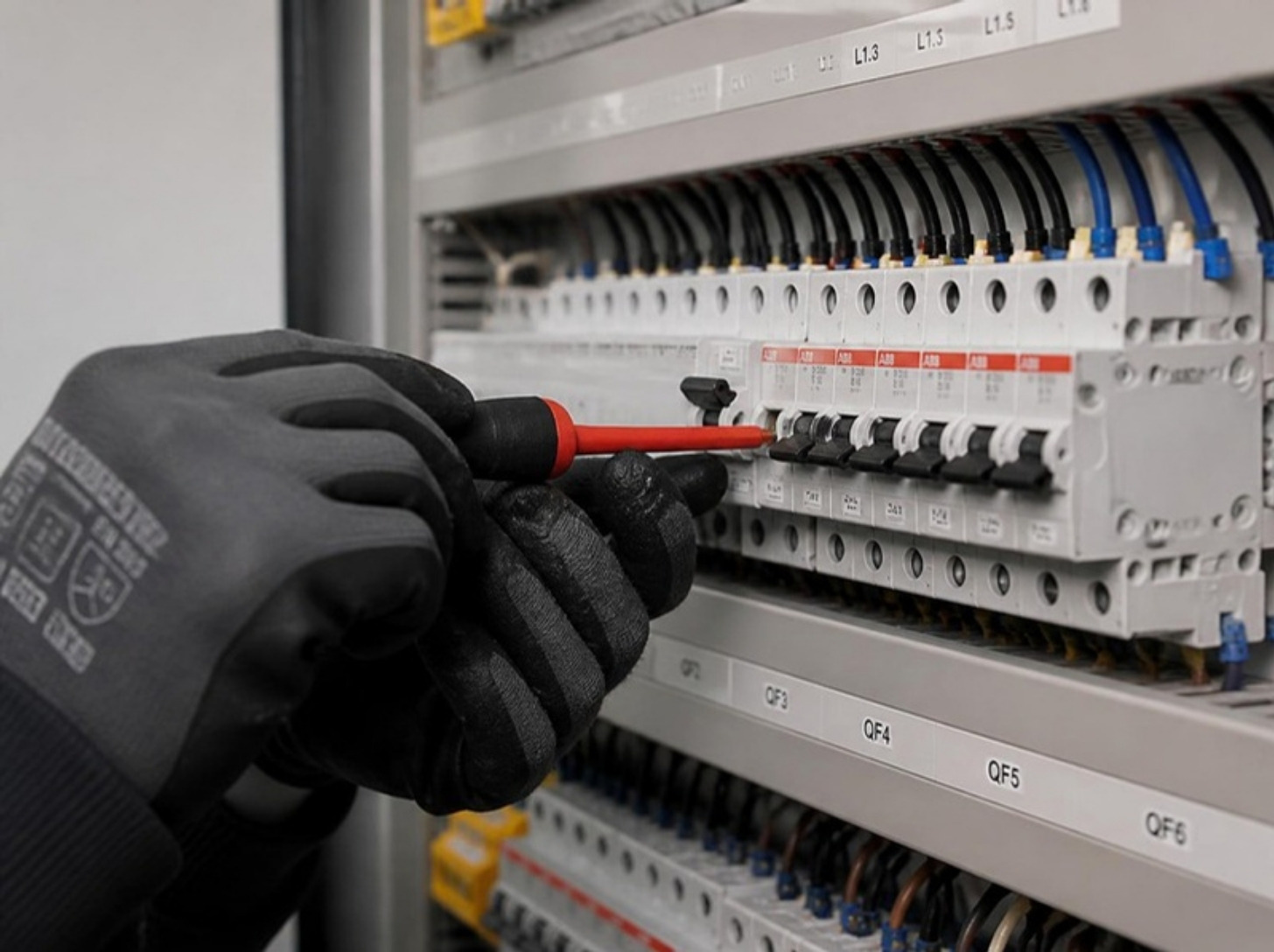 Hände eines Elektrikers bei der Arbeit an einem Verteilerschrank